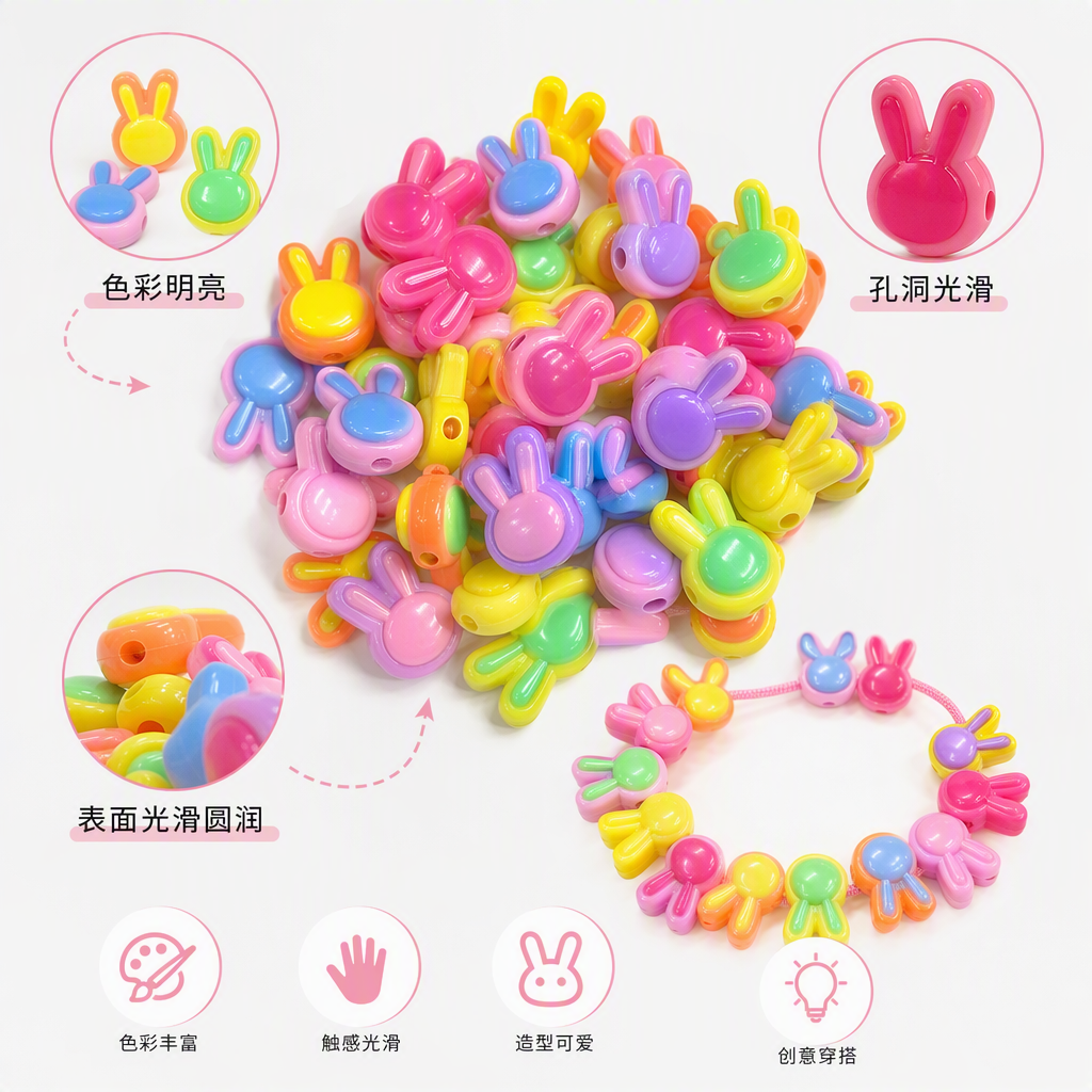Colorful rabbit-shaped plastic bead handmade jewelry accessories for children, DIY materials available in multiple colors