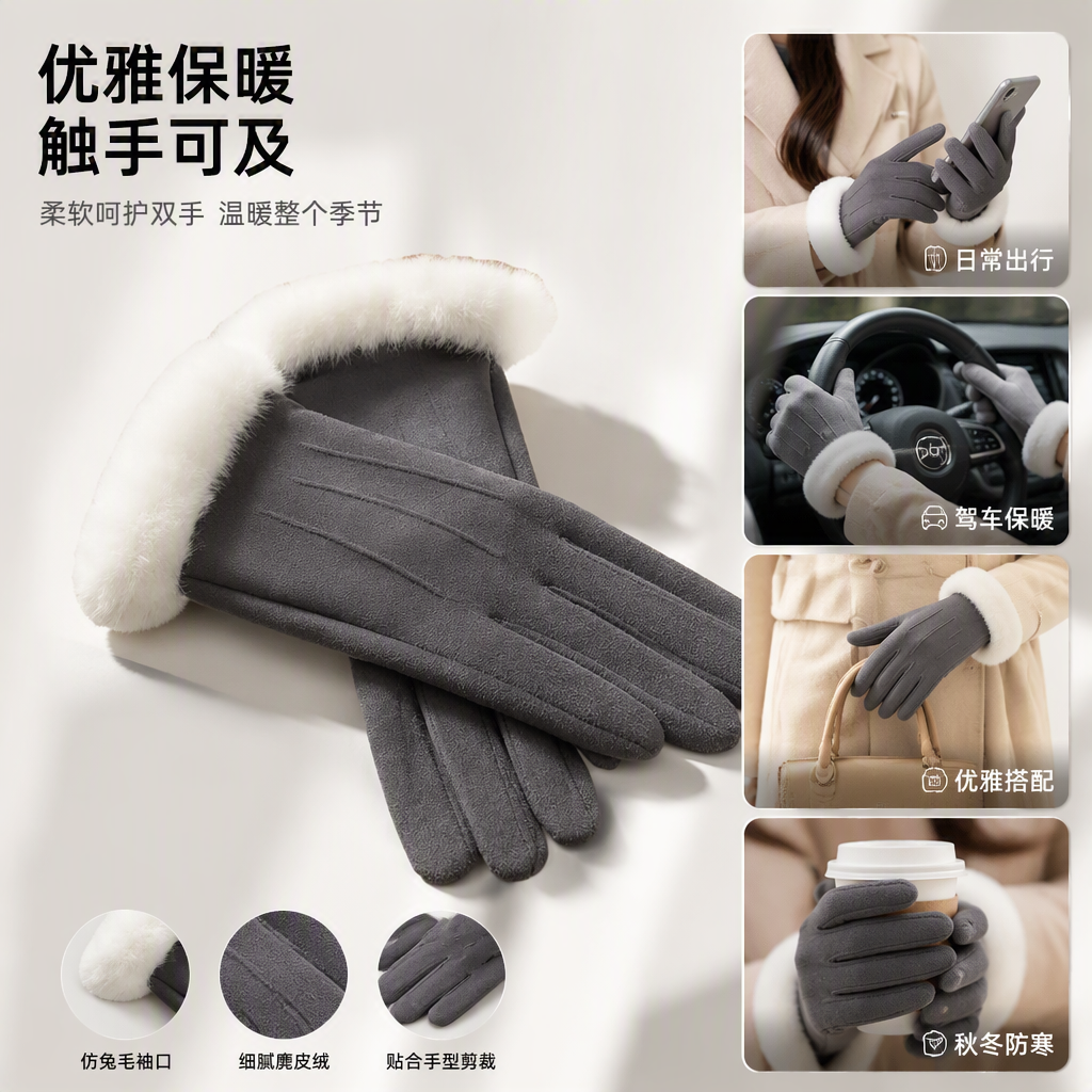 Fashionable grey suede fleece touch screen gloves, warm and cold-proof, suitable for both men and women, autumn and winter style, comfortable and durable