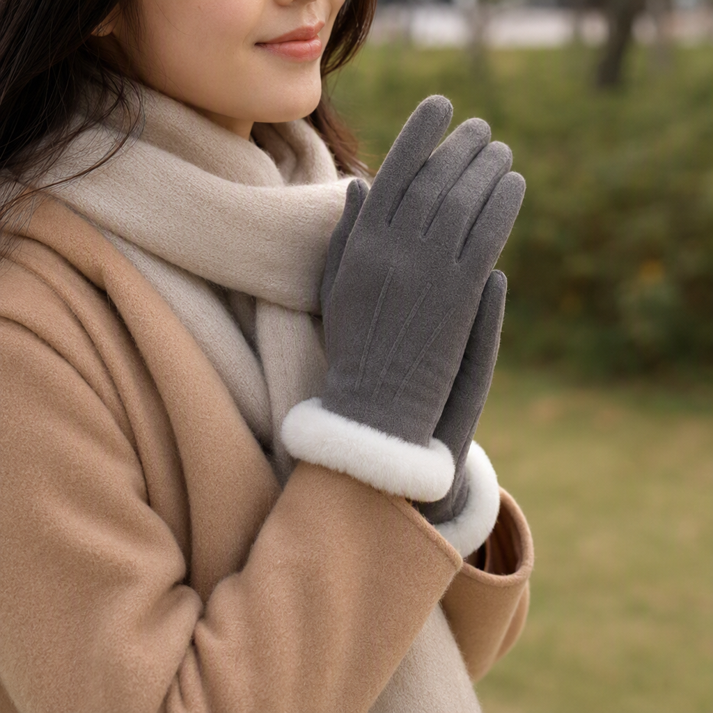 Fashionable grey suede fleece touch screen gloves, warm and cold-proof, suitable for both men and women, autumn and winter style, comfortable and durable details Picture