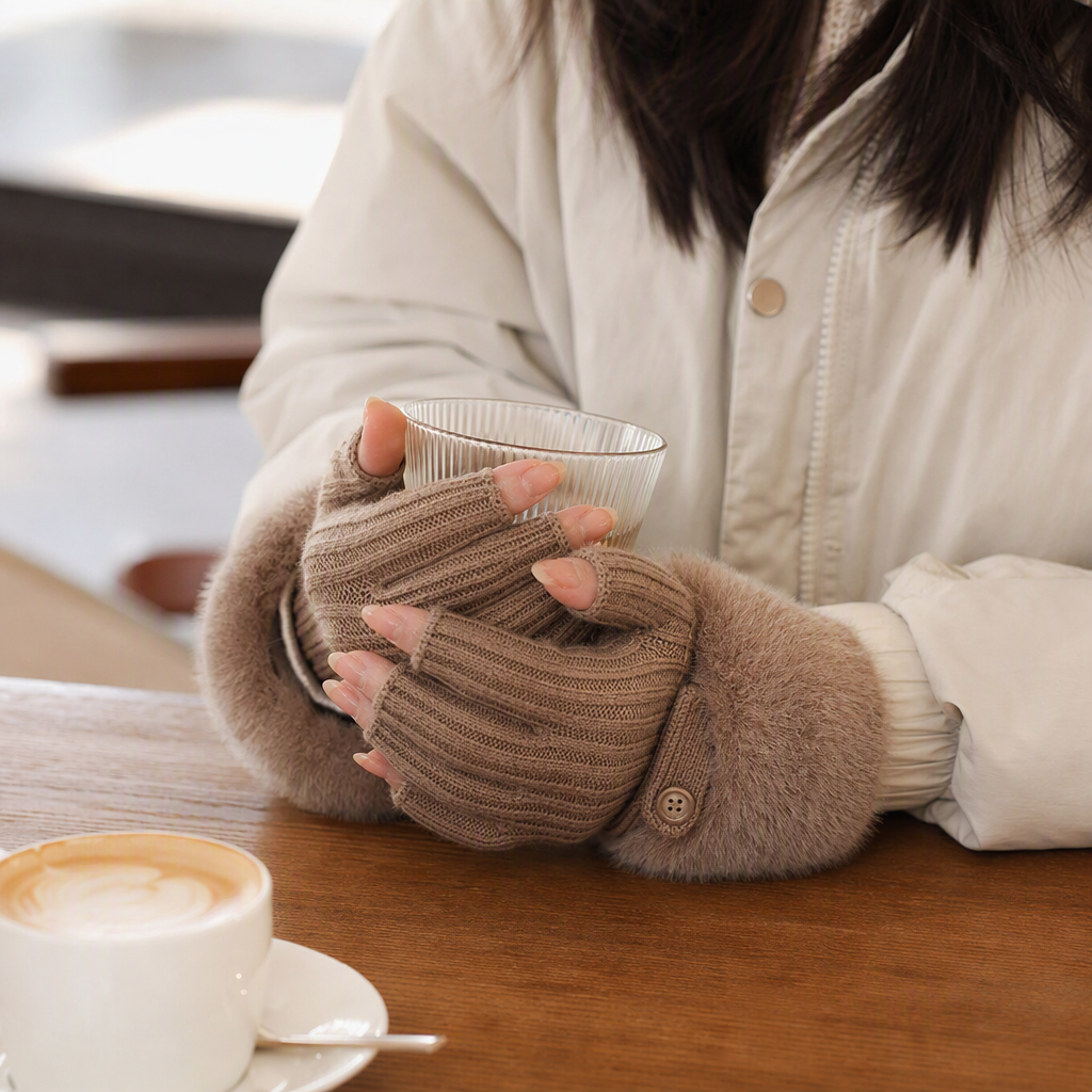 The beige fleece gloves are warm and comfortable, suitable for wearing in winter. They are fashionable, casual and cold-proof, suitable for both men and women details Picture