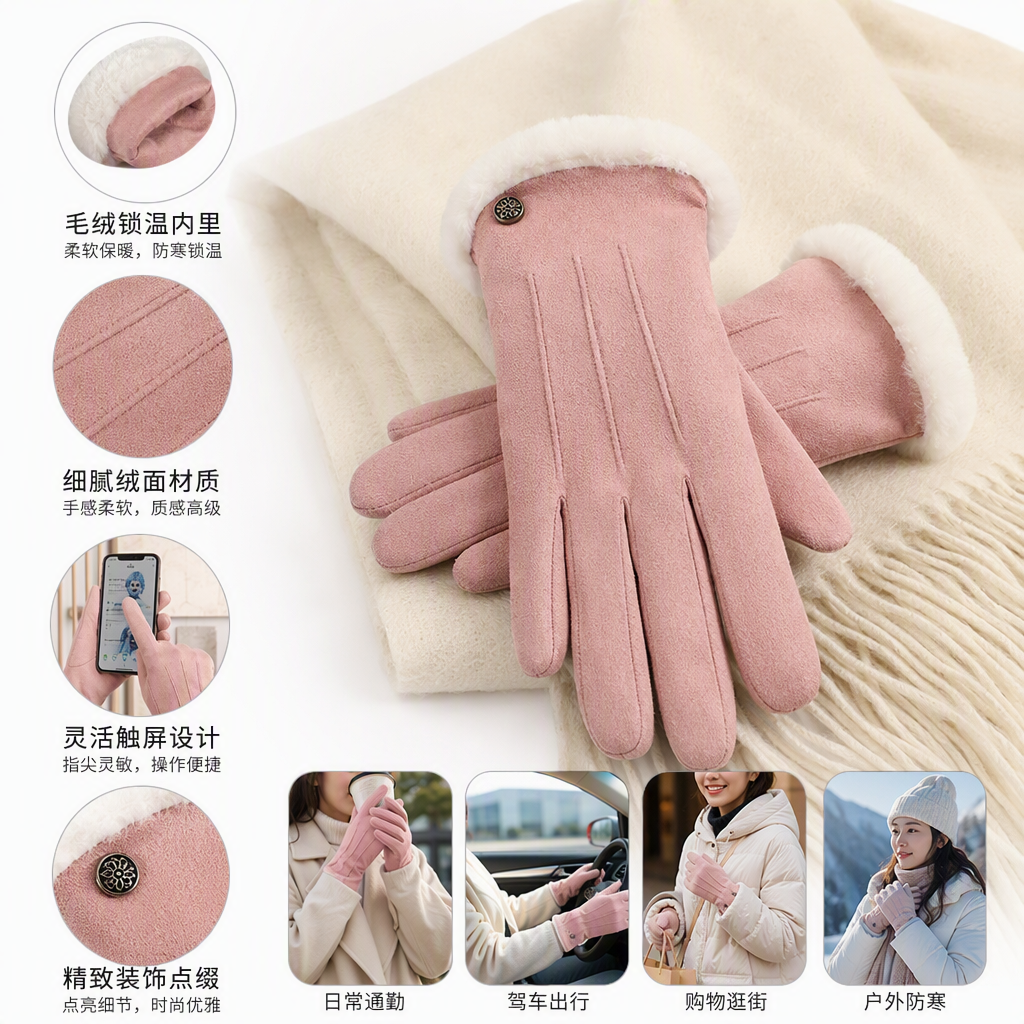 Multicolored suede and frilled gloves are warm and cold-proof. They are fashionable and casual for both men and women in autumn and winter, and are versatile and trendy for students