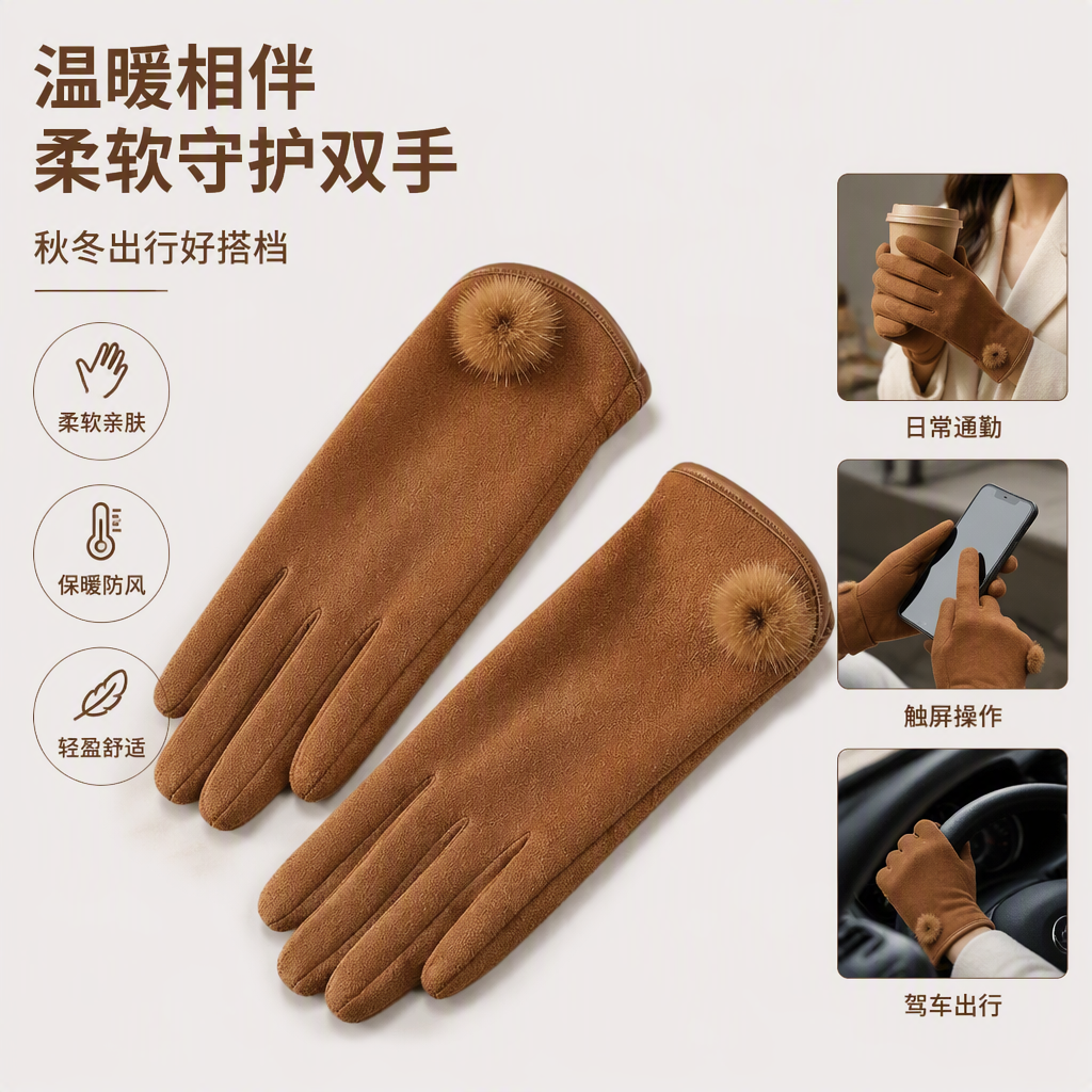 Fashionable and warm brown suede gloves for both men and women, soft and comfortable cold and wind protection hand covers for autumn and winter