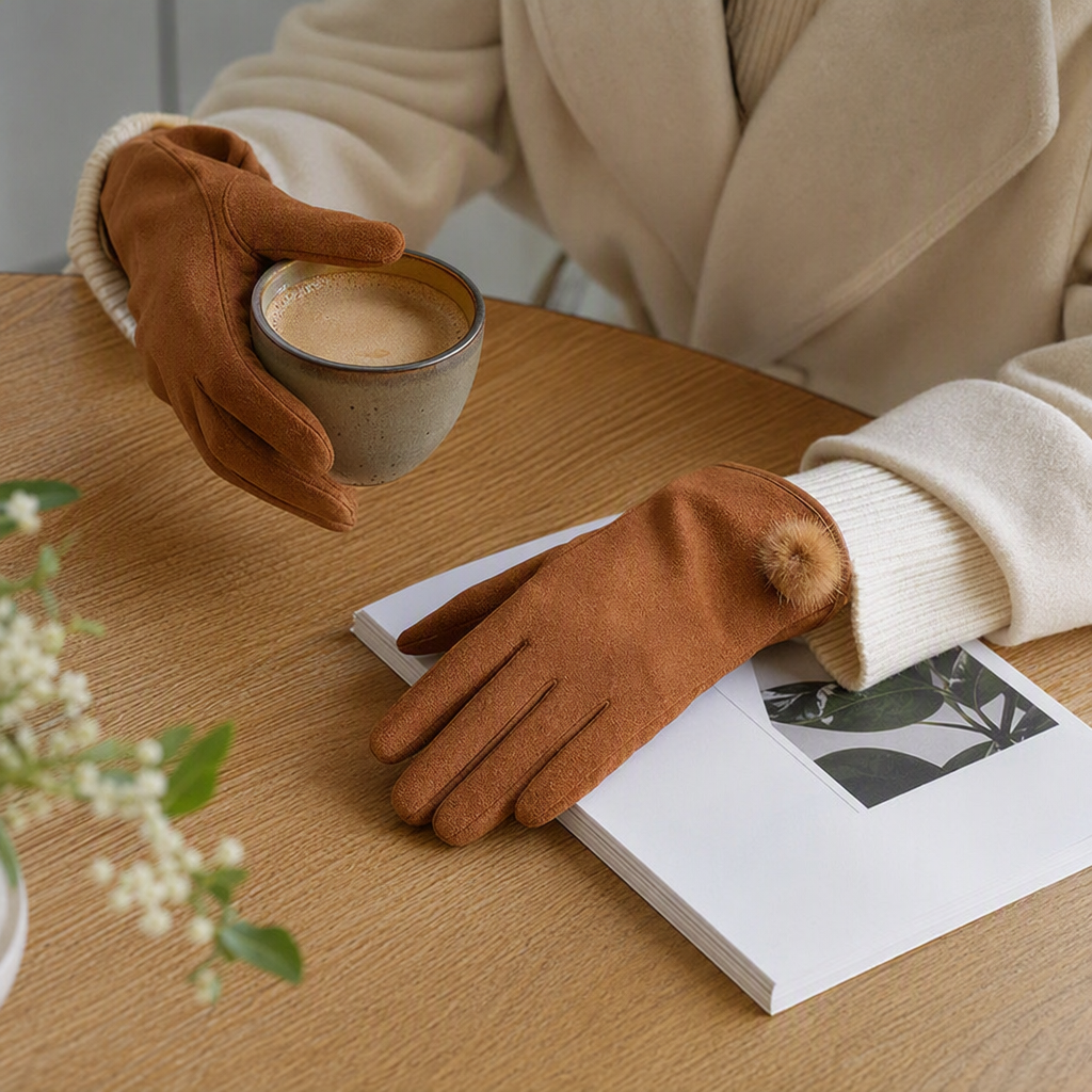 Fashionable and warm brown suede gloves for both men and women, soft and comfortable cold and wind protection hand covers for autumn and winter details Picture