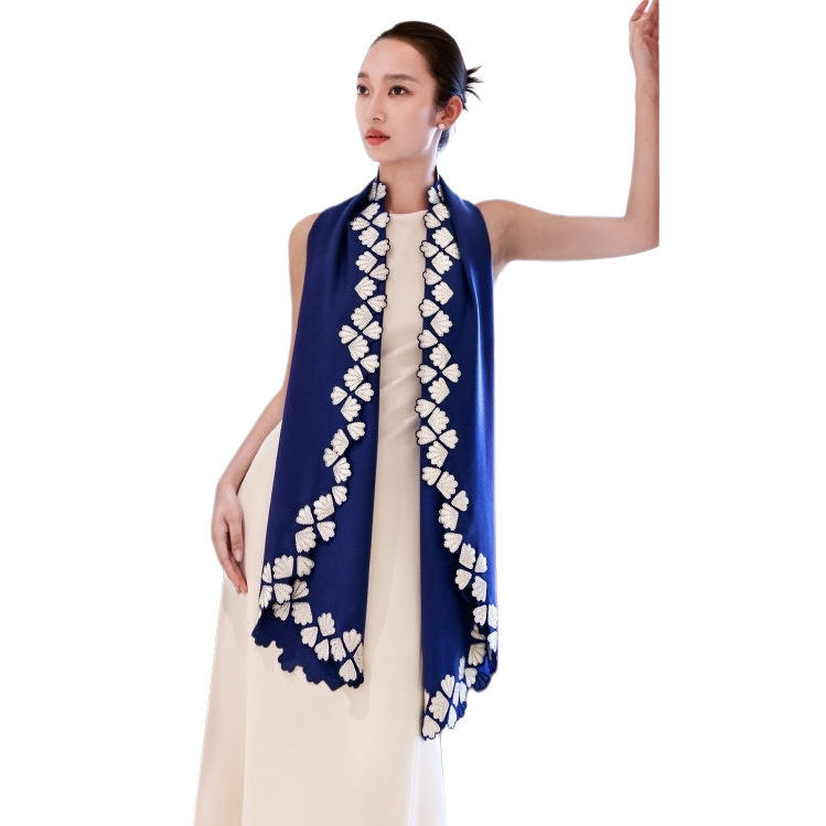 Elegante azul bordado bufanda con vestido beige mujer primavera/otoño moda versátil Item Picture