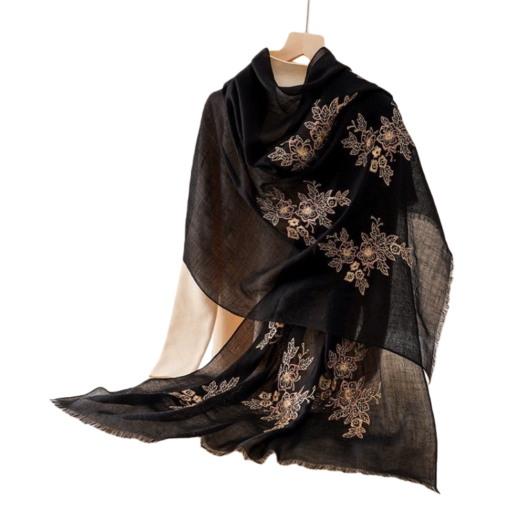 This stylish and versatile black embroidered long scarf is elegant and warm. It's a must-have for women's shawls in autumn and winter Item Picture