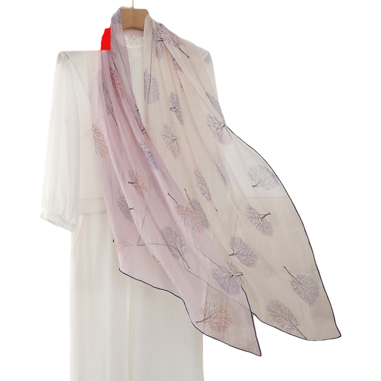 The pink leaf-patterned silk scarf is soft, light and versatile. It is a new spring and summer fashion accessory for women Item Picture