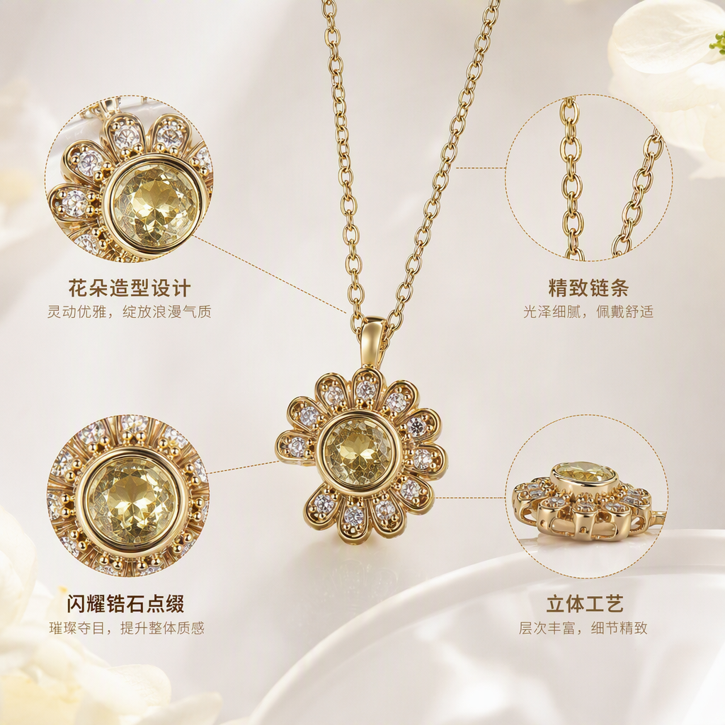 金色花朵造型项链中央镶嵌黄绿色主钻环绕透明副钻金色链条白色卡片印有埃菲尔铁塔轮廓图案