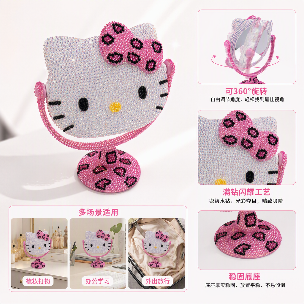 Pink diamond-encrusted cat-ear shaped mirror, cute makeup mirror, portable and fashionable, a must-have gift and decoration for girls