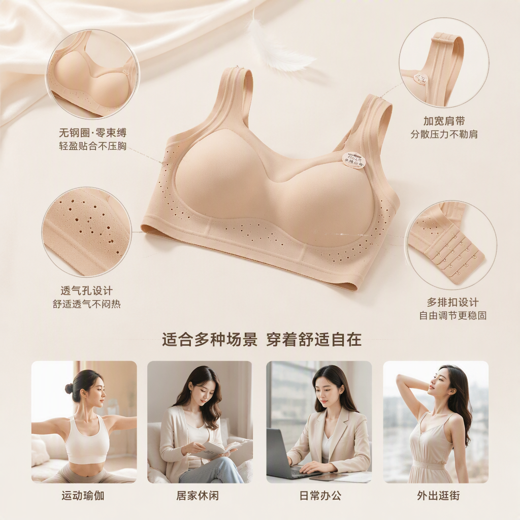 Multi-color, frameless invisible bra with soft tones, fully fixed cup, comfortable and breathable, white background with hanging label, a universal dressing companion