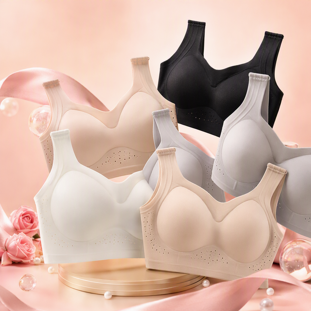 Multi-color, frameless invisible bra with soft tones, fully fixed cup, comfortable and breathable, white background with hanging label, a universal dressing companion Specification image