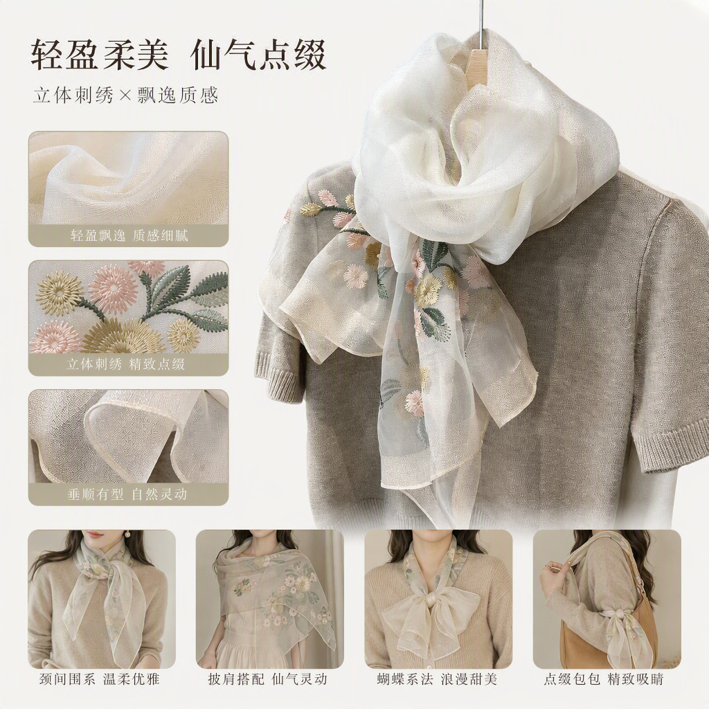 A colorful embroidered floral silk scarf paired with a beige knitted sweater is an elegant, versatile, soft, light and fashionable accessory
