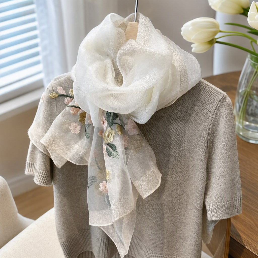 A colorful embroidered floral silk scarf paired with a beige knitted sweater is an elegant, versatile, soft, light and fashionable accessory details Picture