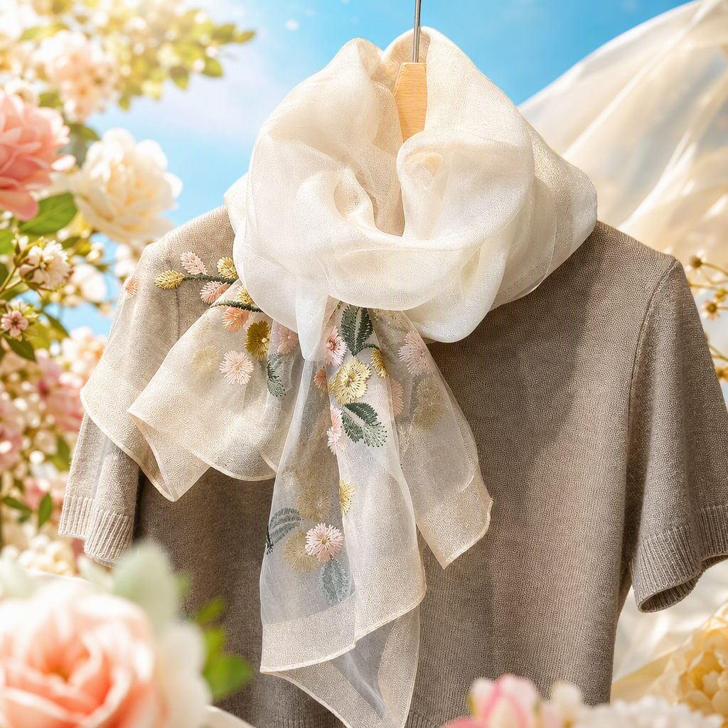 A colorful embroidered floral silk scarf paired with a beige knitted sweater is an elegant, versatile, soft, light and fashionable accessory Specification image