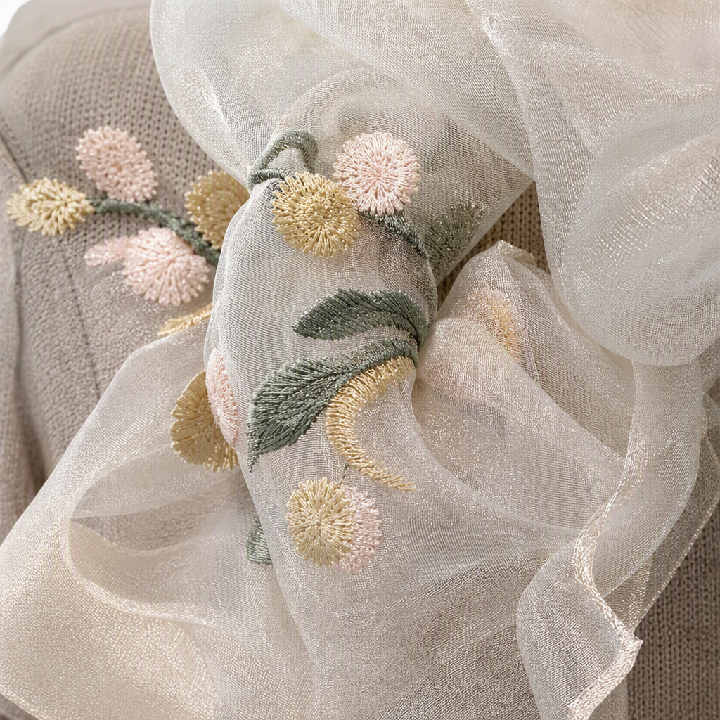 A colorful embroidered floral silk scarf paired with a beige knitted sweater is an elegant, versatile, soft, light and fashionable accessory Application Scenario