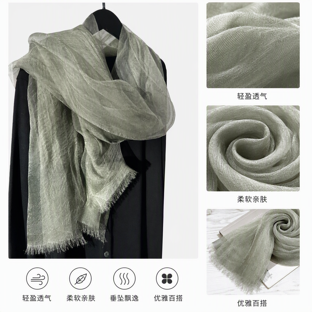 The smooth silk scarf is versatile for spring and summer. The light green light and fashionable women's shawl is a trendy and versatile accessory