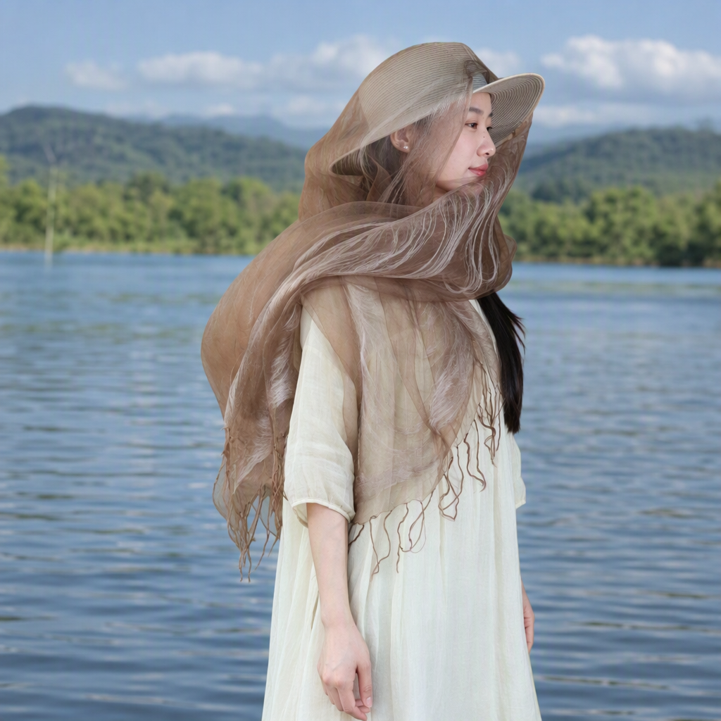 Elegant beige silk scarf for women, long and versatile, soft and smooth, a fashionable accessory for spring and autumn details Picture