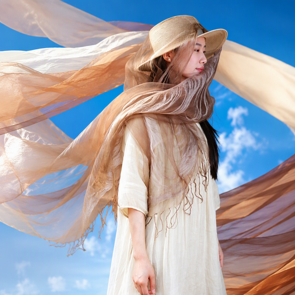 Elegant beige silk scarf for women, long and versatile, soft and smooth, a fashionable accessory for spring and autumn Specification image