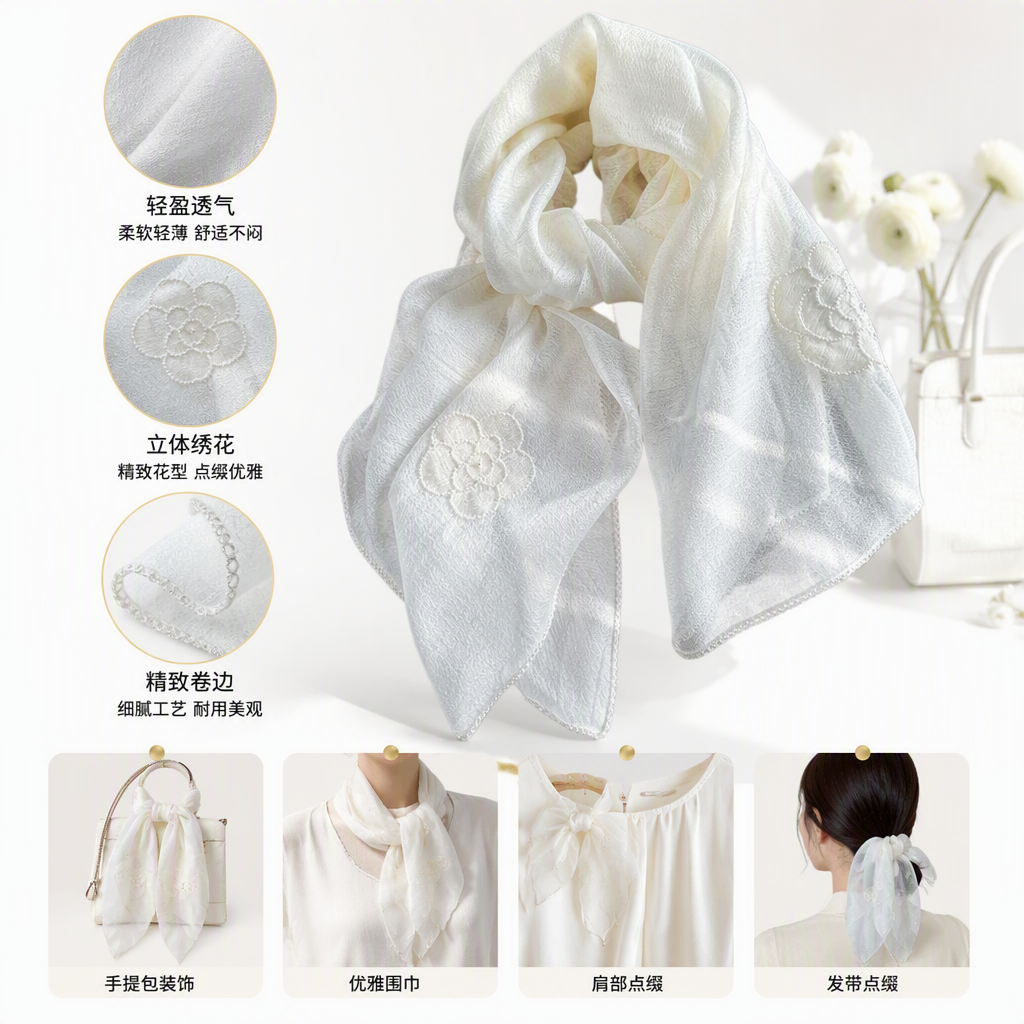 White silk and wool hand-sewn beaded scarf, elegant and warm, fashionable and versatile spring and autumn style, ladies' shawl gift presented