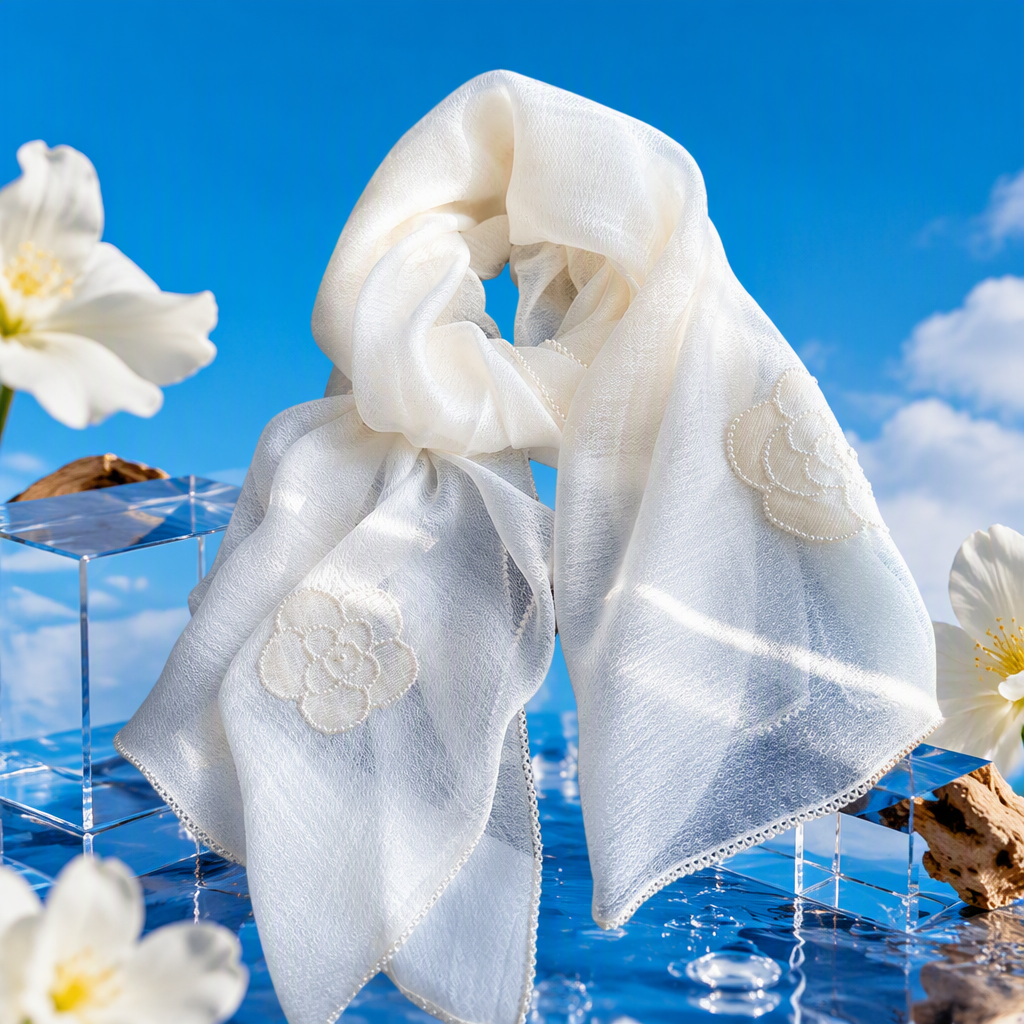 وشاح من الصوف الحرير الأبيض والوشاح من الخرز اليدوي Specification image