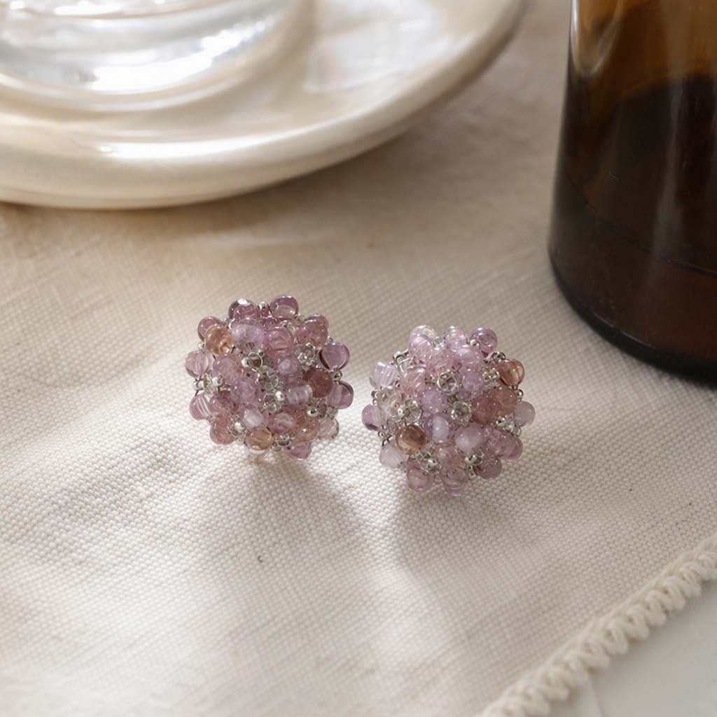 Fashionable pink beaded ear studs, simple and versatile, elegant earrings, women's ear studs, earrings, gifts for girls details Picture