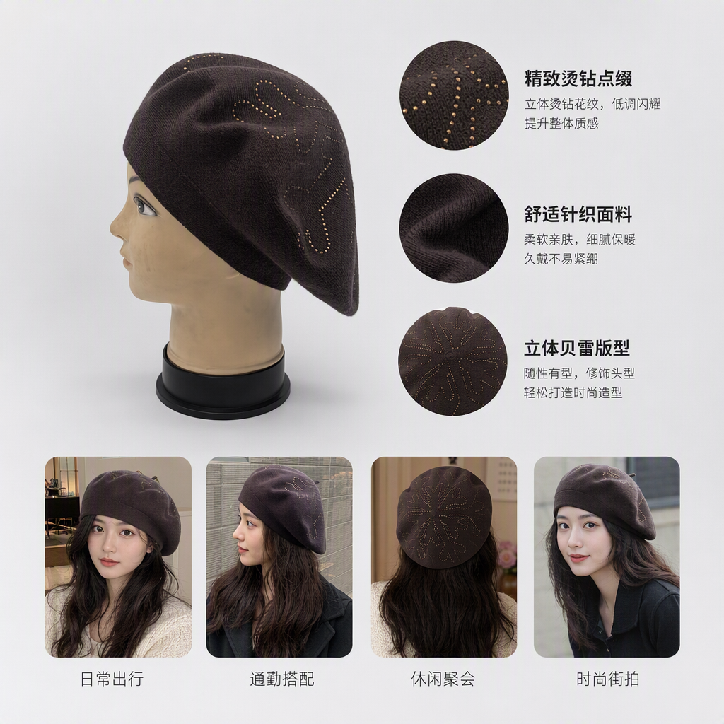 Fashionable knitted hats are warm and versatile. For both women and men, casual hats and headscarves are trendy and essential for winter details Picture