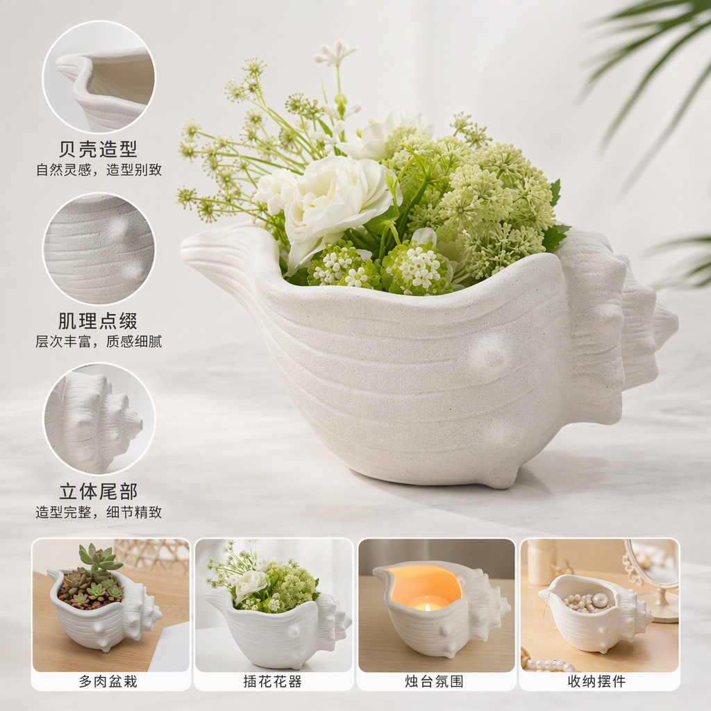 白色纹理贝壳造型陶瓷花盆简约创意家居客厅阳台绿植摆件装饰品