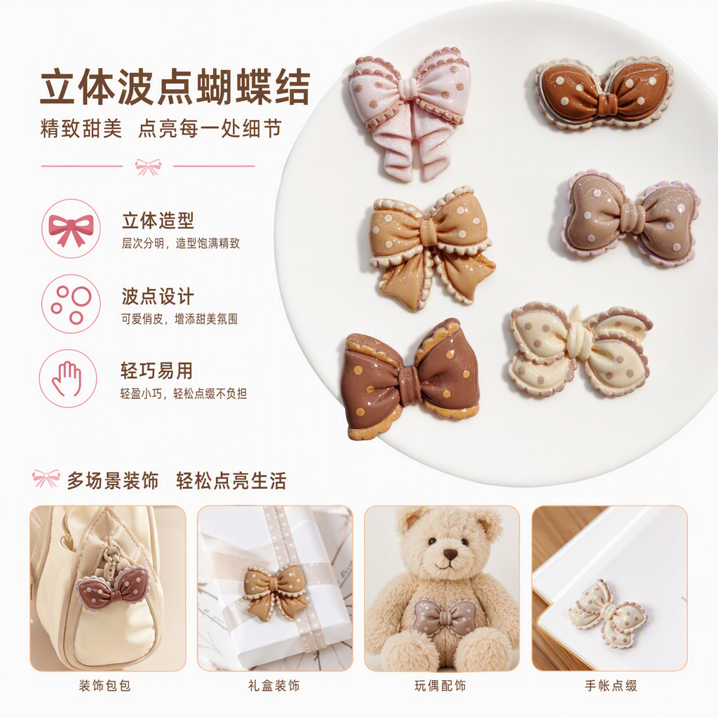 Six polka dot bow decorations, cute and sweet handcrafted fabric accessories, free shipping as gifts