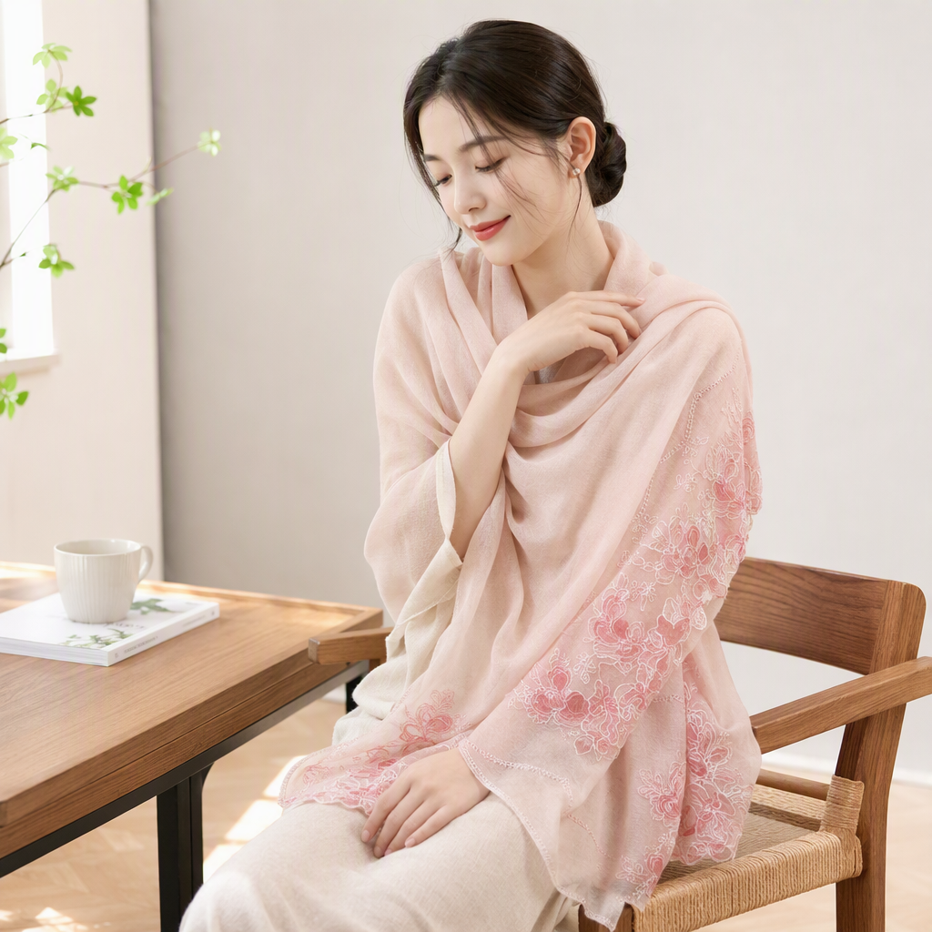 Elegant pink embroidered long scarf, versatile in spring and autumn, soft and warm, a new style for women's shawls in autumn and winter details Picture