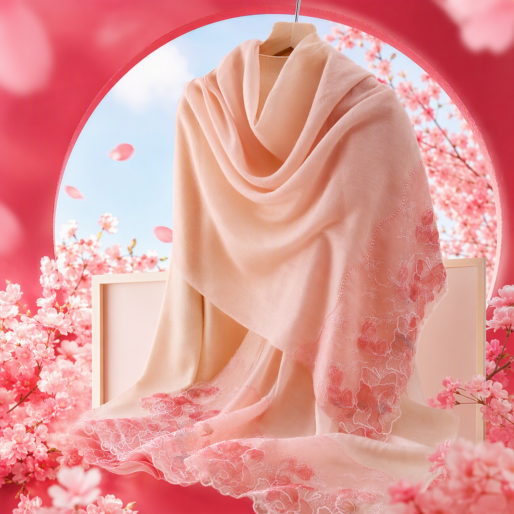 Elegant pink embroidered long scarf, versatile in spring and autumn, soft and warm, a new style for women's shawls in autumn and winter Specification image