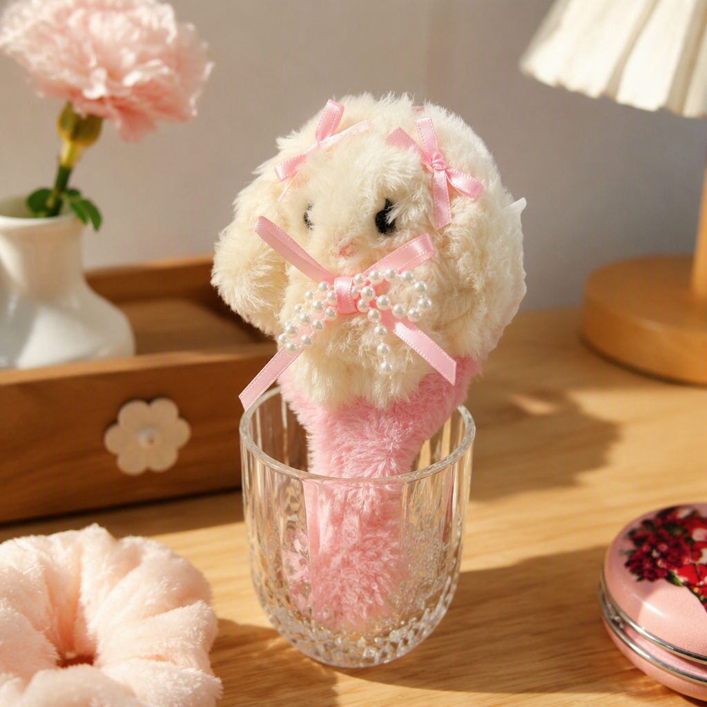 Pink plush rabbit-shaped comb with bow pearl decoration, cute hair comb, suitable for both children and adults details Picture