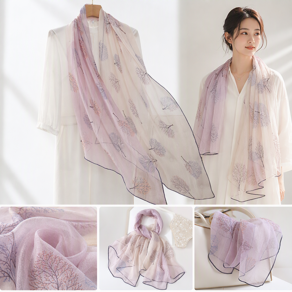 The pink leaf-patterned silk scarf is soft, light and versatile. It is a new spring and summer fashion accessory for women