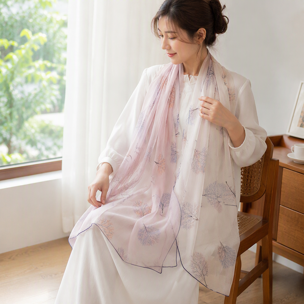 The pink leaf-patterned silk scarf is soft, light and versatile. It is a new spring and summer fashion accessory for women details Picture
