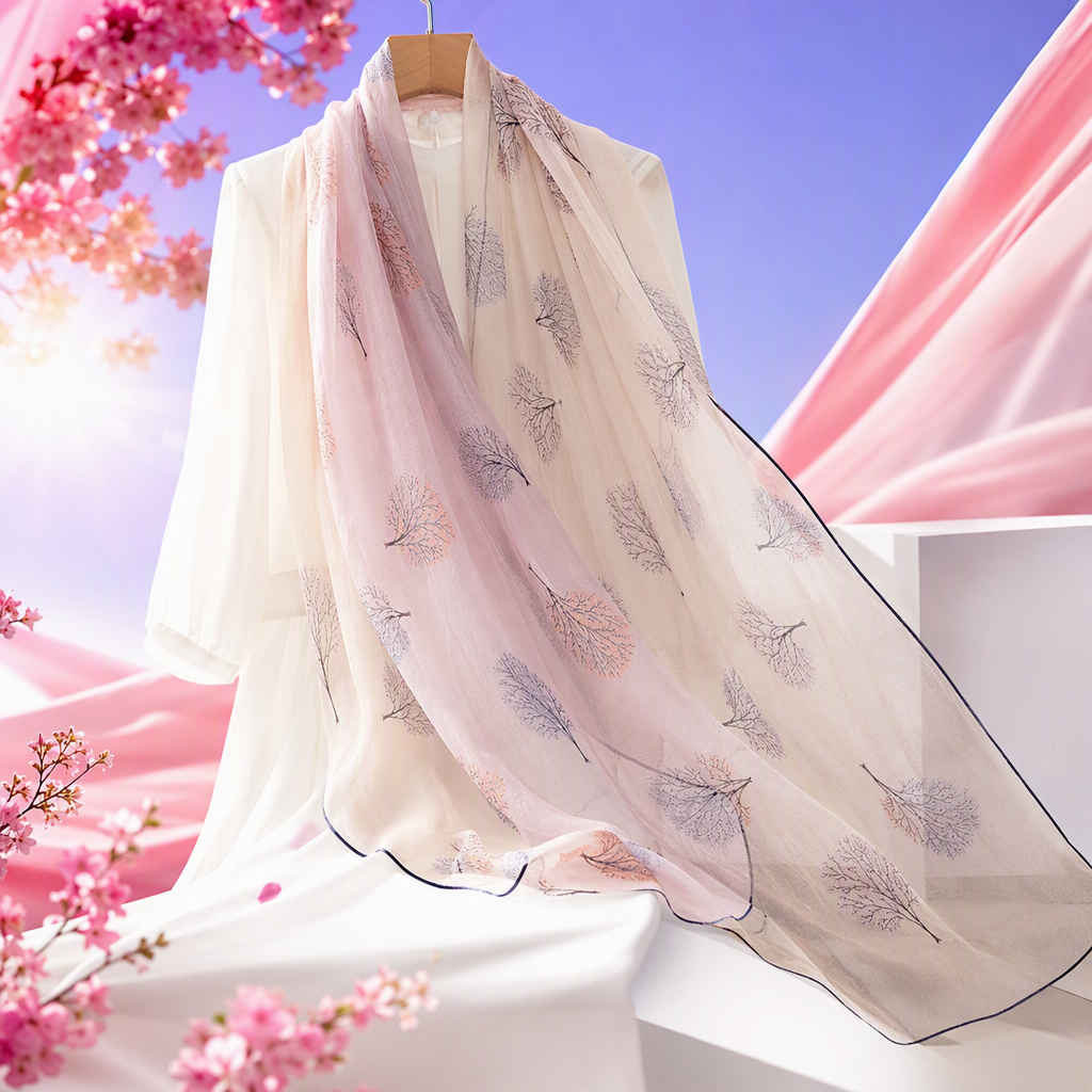 The pink leaf-patterned silk scarf is soft, light and versatile. It is a new spring and summer fashion accessory for women Specification image