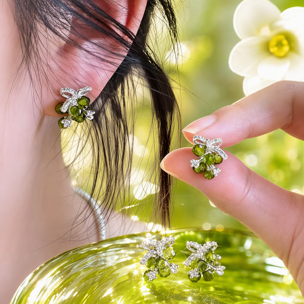 Fashionable green beaded bow stud earrings, simple and elegant earrings, versatile women's earrings and other accessories Specification image