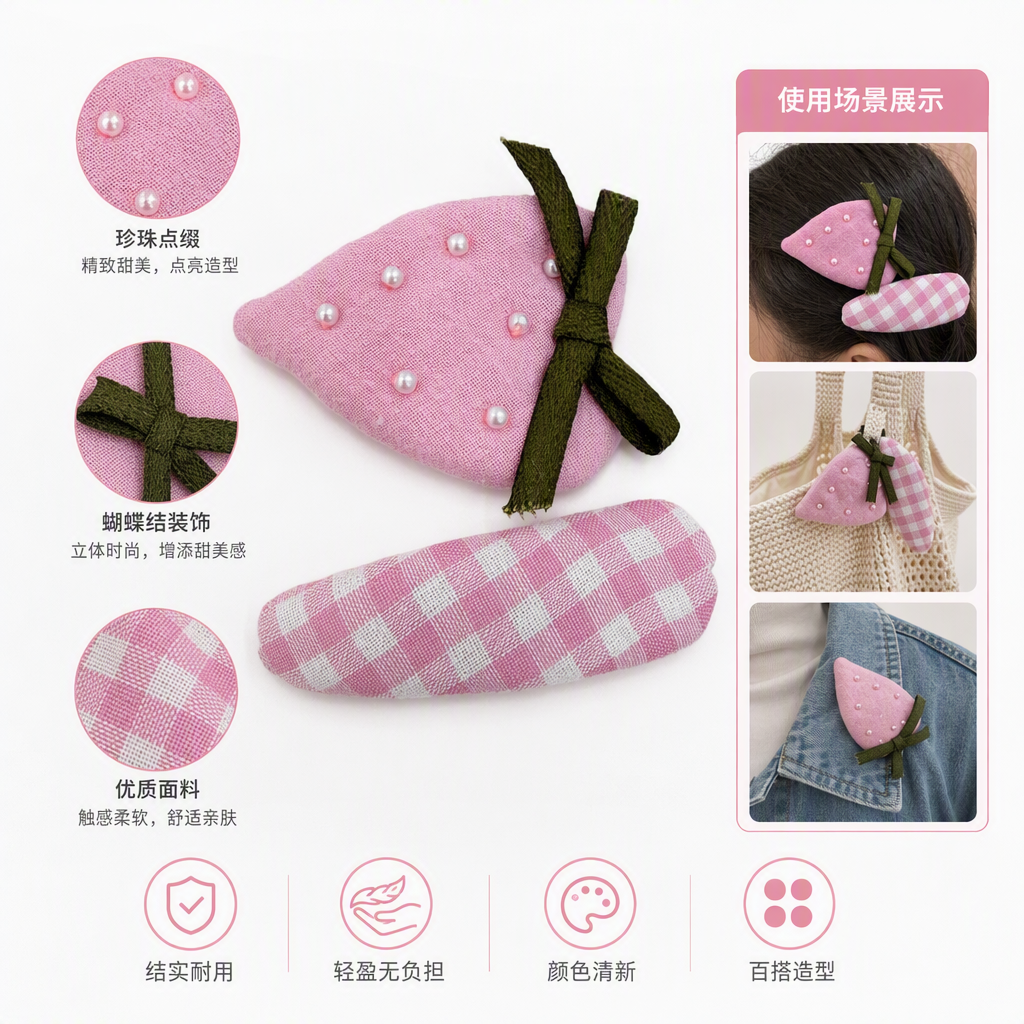 Cute pink strawberry-shaped hair clips, pink and white checkered clips, sweet hair accessories, hairstyle decoration, children's hair clips, hair clip accessories