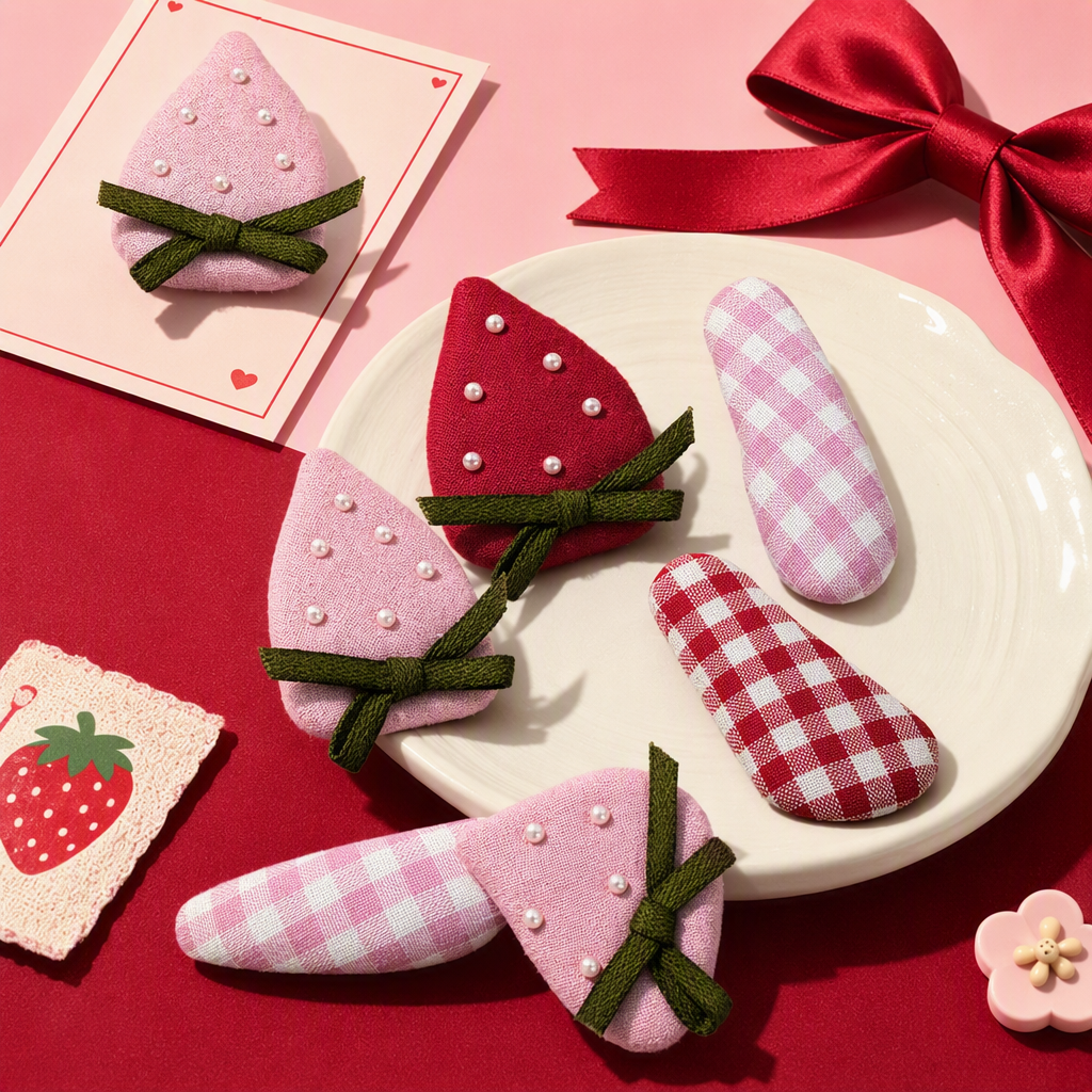 Cute pink strawberry-shaped hair clips, pink and white checkered clips, sweet hair accessories, hairstyle decoration, children's hair clips, hair clip accessories Specification image