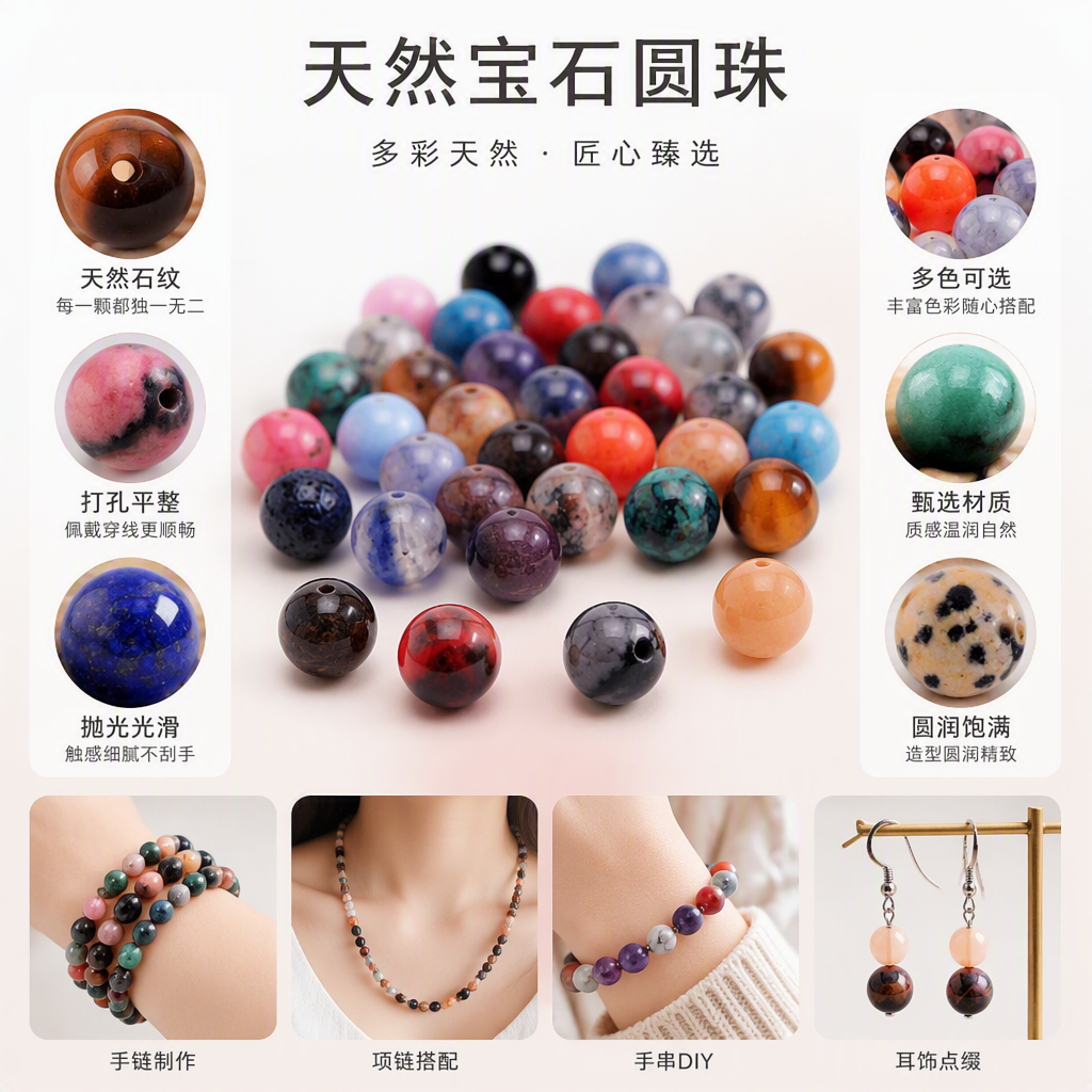 100 natural stone beads, round real stone beads, loose gemstone hole size 1mm, hand-made smooth beads for bracelets, necklaces, earrings and jewelry (natural stone beads in multiple colors, 8mm)
