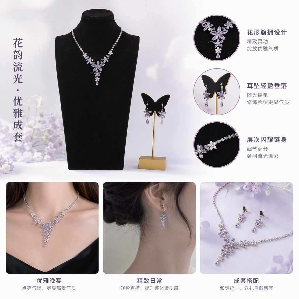 Shining Zircon jewelry set for women: Simple and versatile rings, earrings, necklaces, and copper accessories