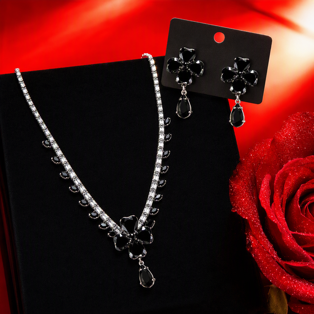 Black flower-shaped necklace and earring set: simple, fashionable, versatile and trendy accessory gift Specification image
