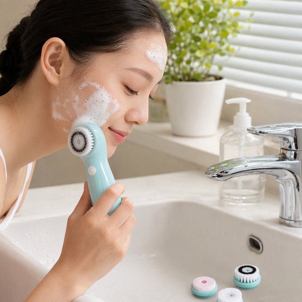 Light blue electric facial cleansing device with three brush heads set, deep cleansing beauty device, skin care wonder, suitable for both men and women details Picture