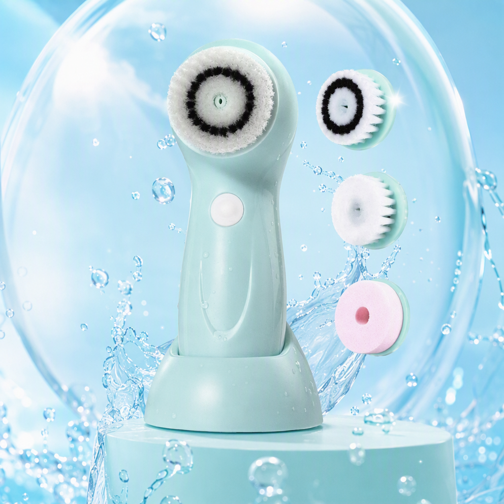 Light blue electric facial cleansing device with three brush heads set, deep cleansing beauty device, skin care wonder, suitable for both men and women Specification image