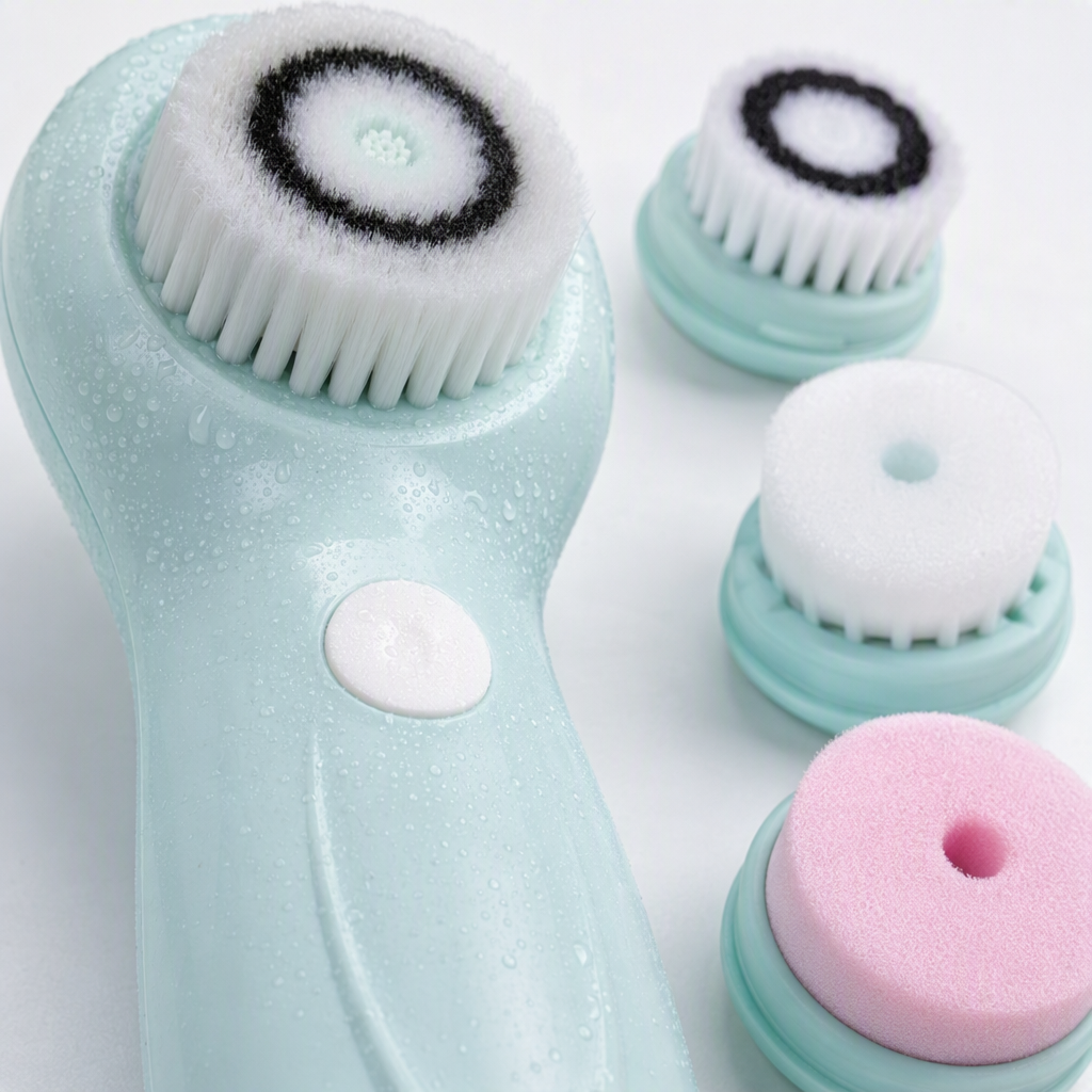 Light blue electric facial cleansing device with three brush heads set, deep cleansing beauty device, skin care wonder, suitable for both men and women Application Scenario