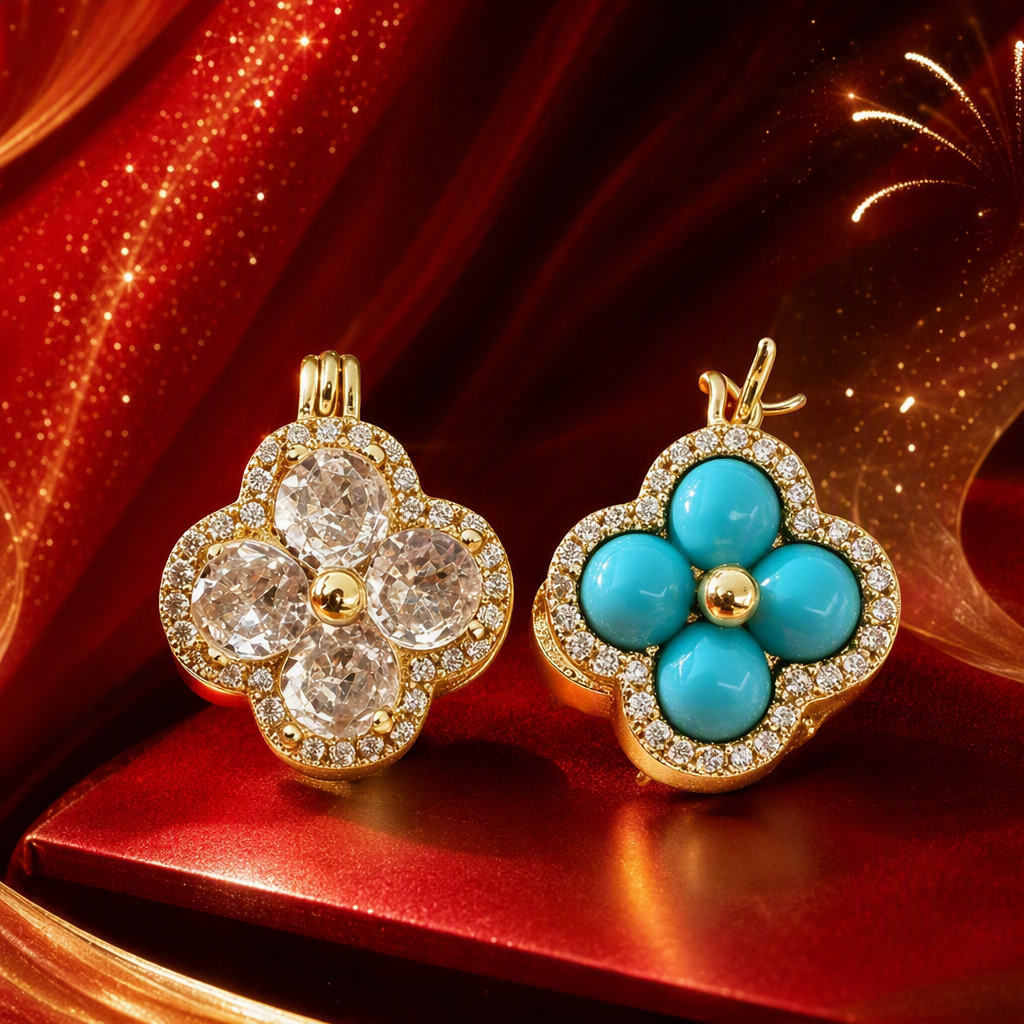 A golden four-leaf flower-shaped pendant set with crystal and turquoise, surrounded by small diamonds, with a green leaf background and an elegant beige base Specification image