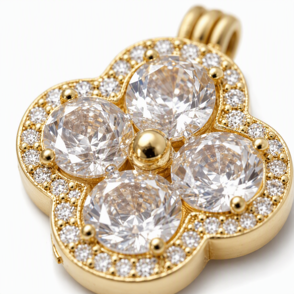 A golden four-leaf flower-shaped pendant set with crystal and turquoise, surrounded by small diamonds, with a green leaf background and an elegant beige base Application Scenario