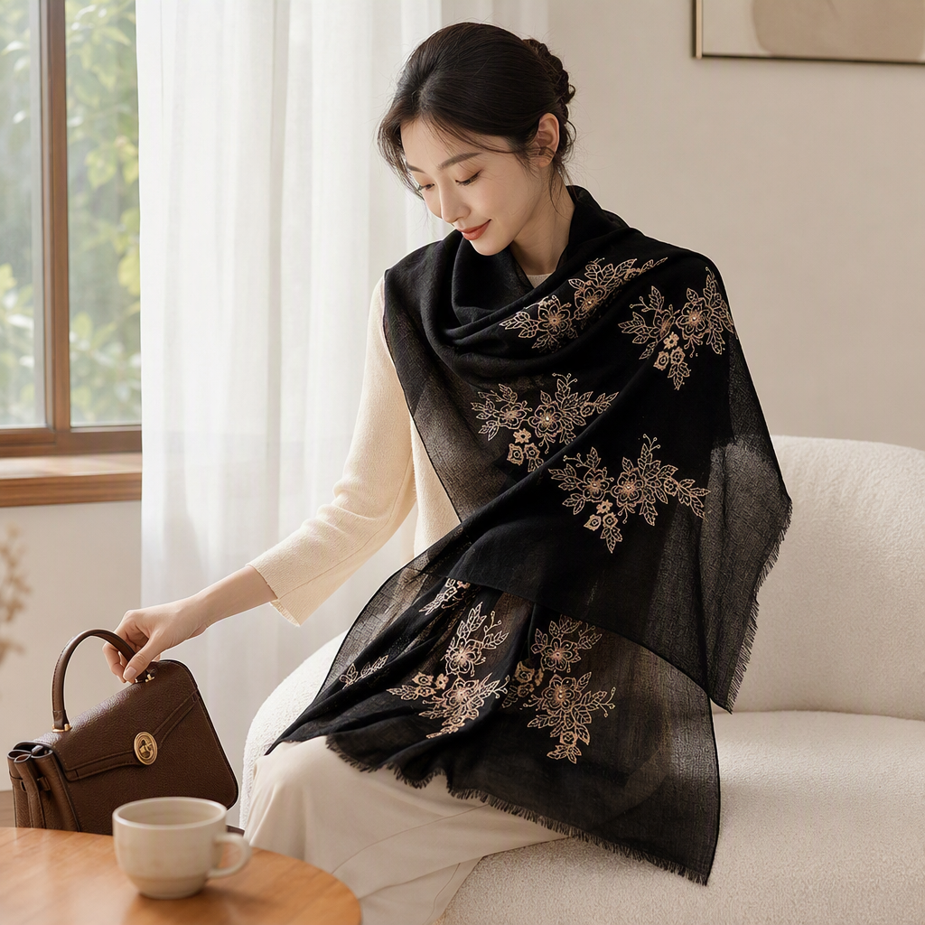 This stylish and versatile black embroidered long scarf is elegant and warm. It's a must-have for women's shawls in autumn and winter details Picture