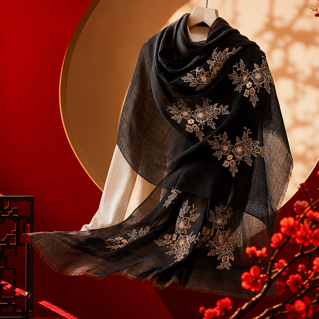 This stylish and versatile black embroidered long scarf is elegant and warm. It's a must-have for women's shawls in autumn and winter Specification image