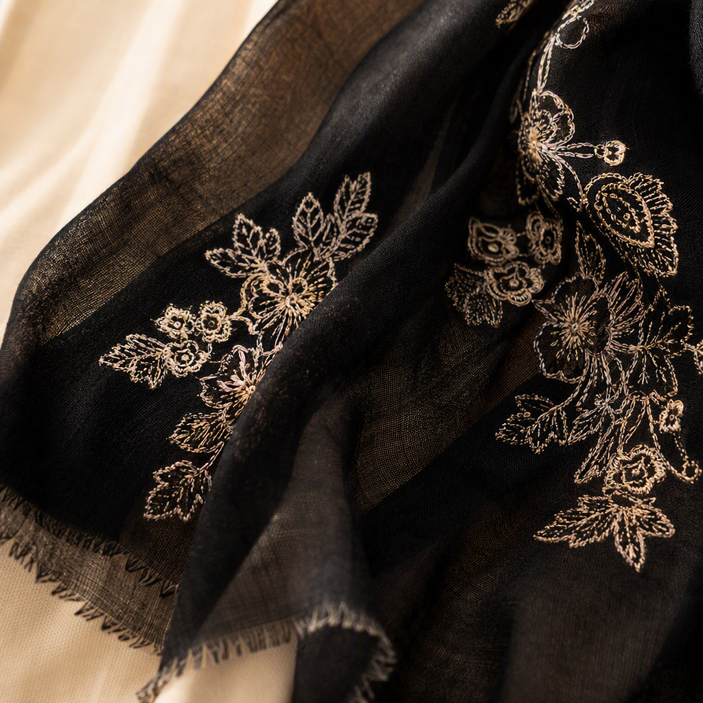 This stylish and versatile black embroidered long scarf is elegant and warm. It's a must-have for women's shawls in autumn and winter Application Scenario