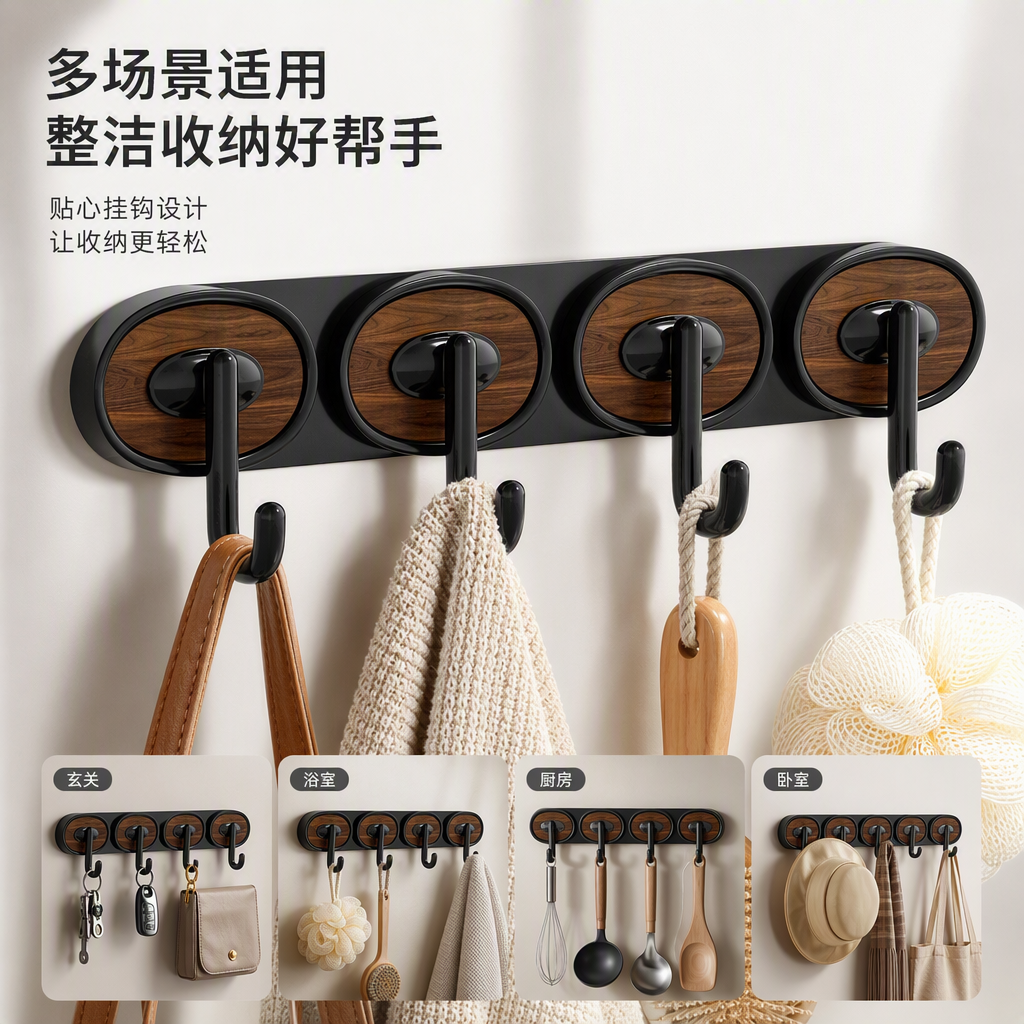 实木质感黑色挂钩架多功能墙壁收纳衣帽钥匙挂钩简约现代设计