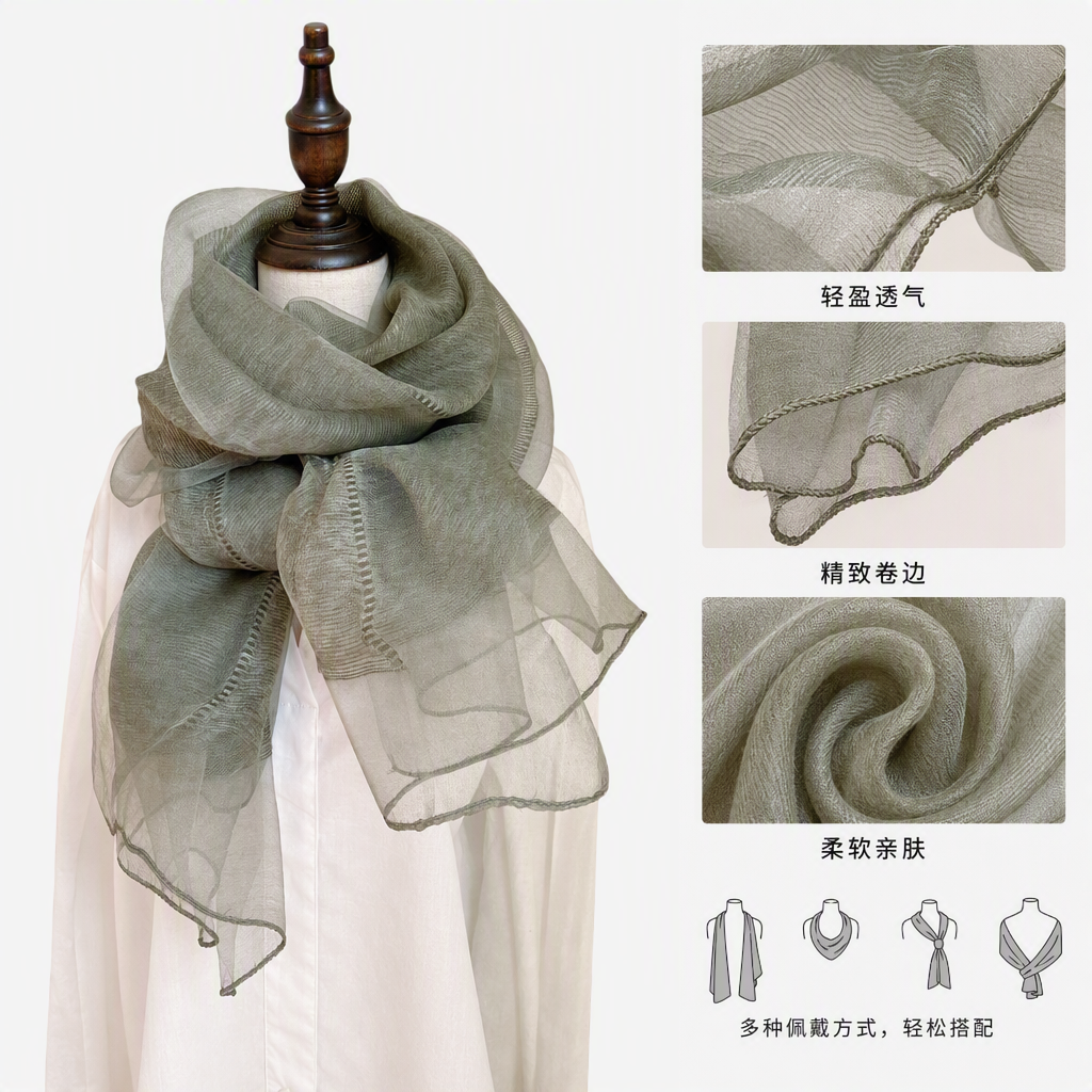 This stylish and versatile gray-green chiffon scarf is soft, breathable and lightweight. It is a summer shawl for women and a trendy accessory for autumn and winter
