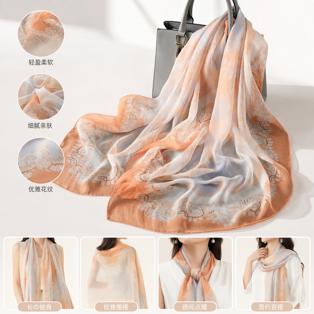The fashionable and versatile orange and white patterned silk scarf is soft and light. The new spring and summer women's shawl accessory is trendy and versatile